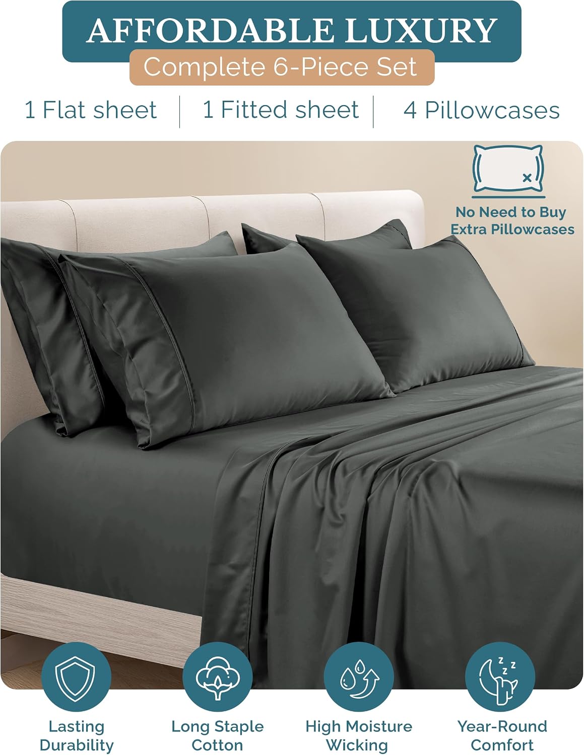 Casa Platino Queen Size Sheets, 6 Piece Silky Sateen Sheets with 500 Thread Count 100% Cotton, 15 Inch Deep Pocket Fitted Sheet for Queen…