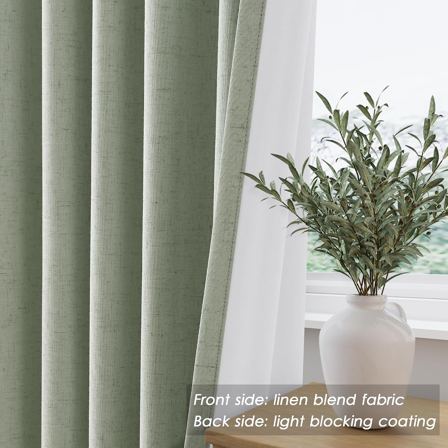 Nanspring Mist Sage 100% Blackout Linen Curtains for Bedroom 84 Inch Length 2 Panels Set Back Tab Thermal Insulated Boho Black Out Curtain…