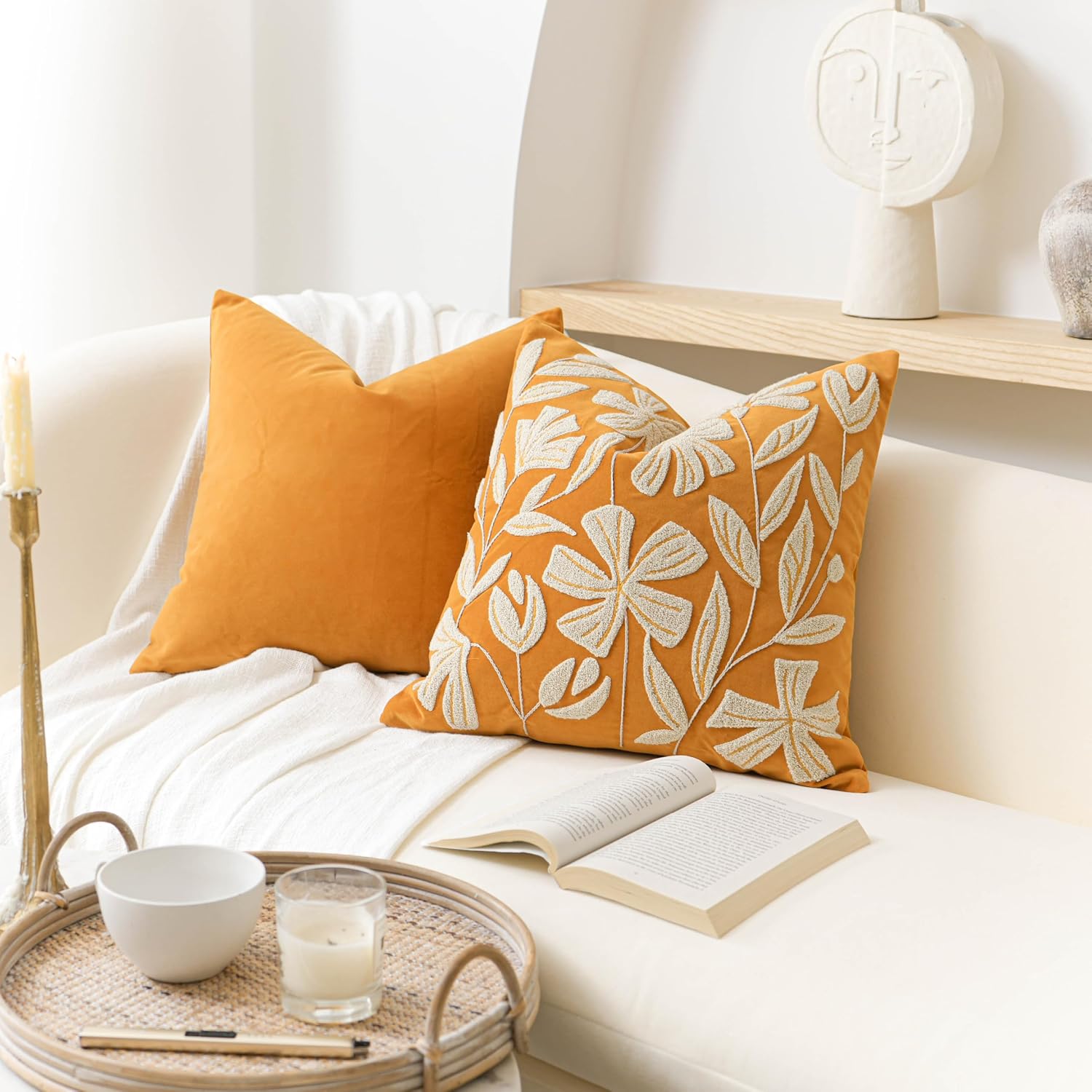 BlissBlush 20x20 Throw Pillow Cover, Mustard Yellow Square Decorative Cushion Cover for Couch Sofa, Floral Tufted Embroidered Velvet…