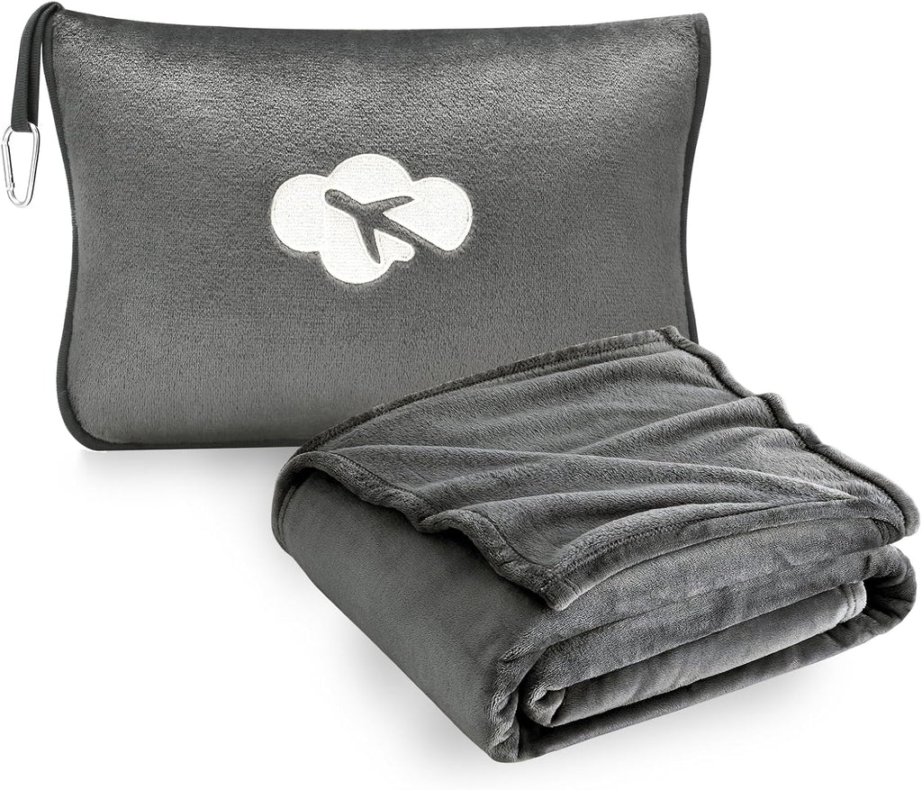 JungleStar Travel Blanket and Pillow Compact, Soft 2 in 1 Airplane Blanket with Soft Bag Pillowcase, Hand Luggage Sleeve and Backpack Clip (…