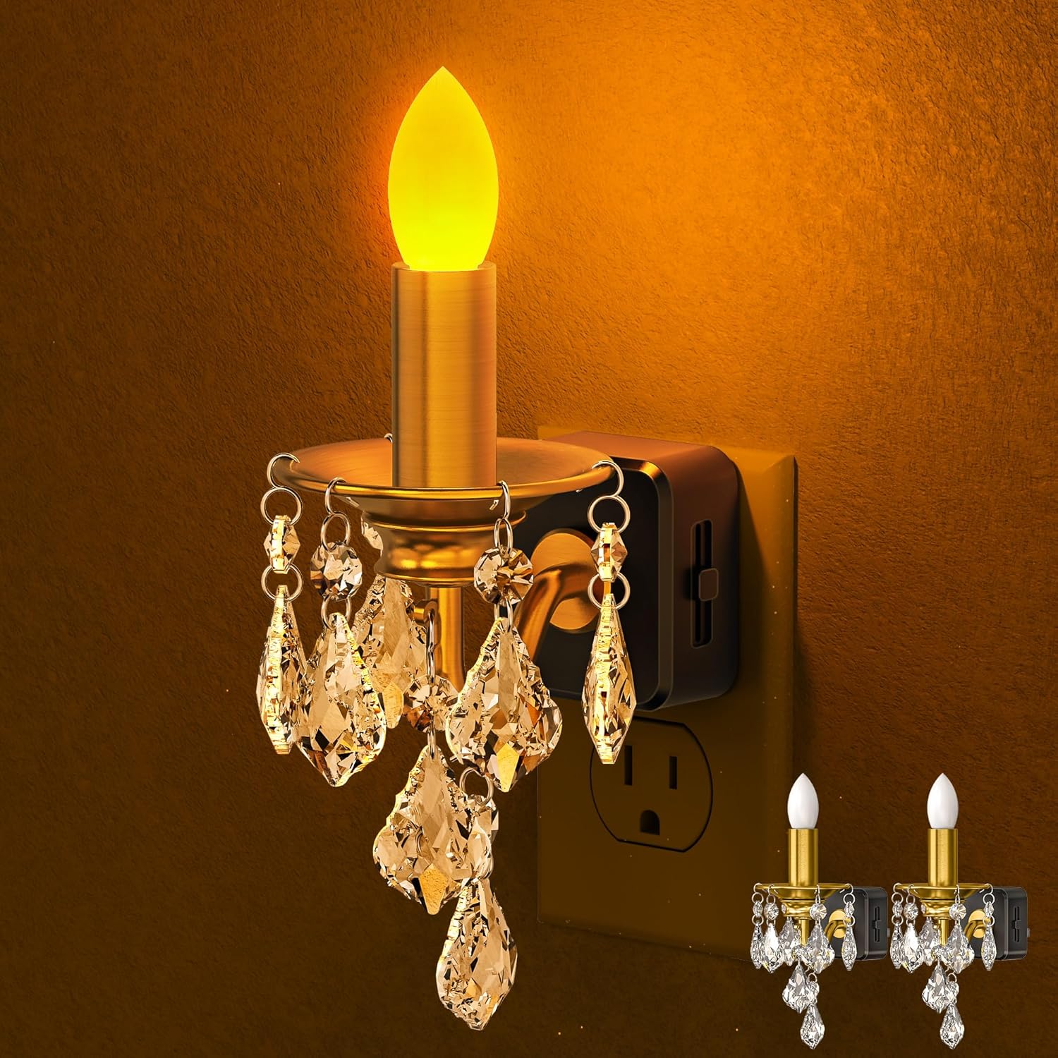Candle Night Lights Plug into Wall, LED Amber Night Light with Dusk to Dawn Sensor, 0-100LM Dimmable, Decorative Gold Candle-Style…