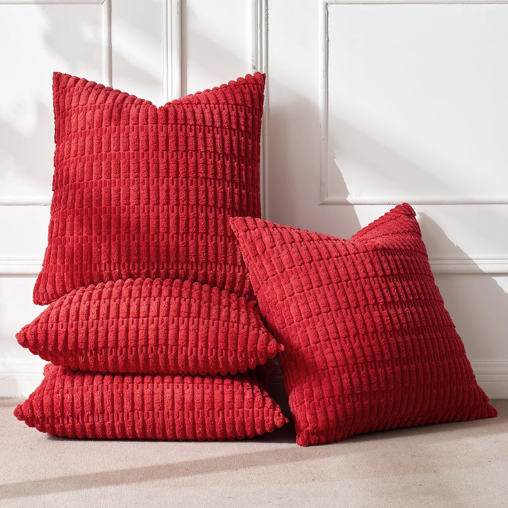 Miulee Pack of 4 Christmas Red Corduroy Decorative Throw Pillow Covers 18x18 Inch Soft Boho Striped Pillow Covers Modern Farmhouse Home Dec…