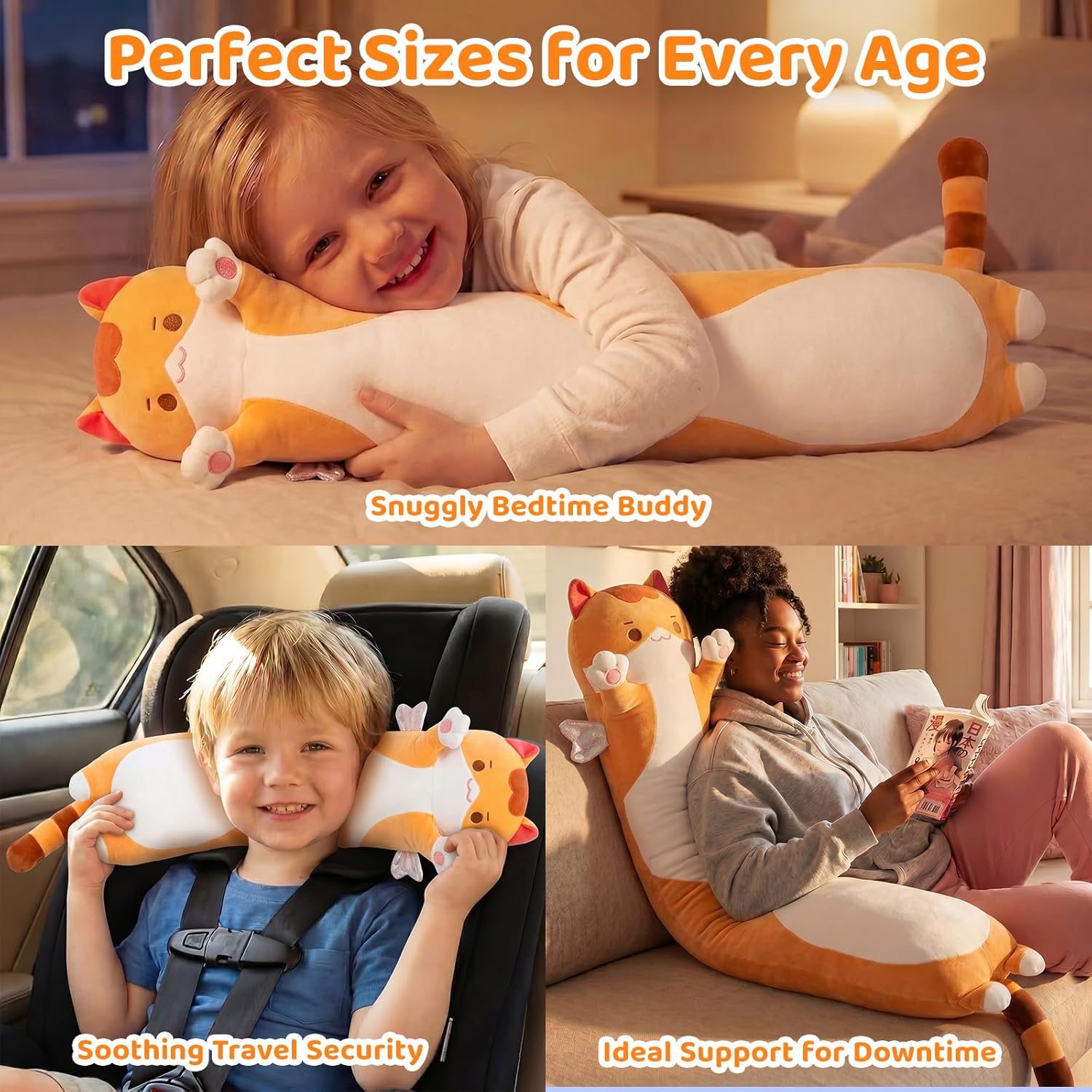 Mewaii Long Cat Plush 5 Sizes, 120% Extra Filling Giant Plushness Kids Body Pillow, Kawaii Cute Brown Cat Stuffed Animals Plushies, Big…