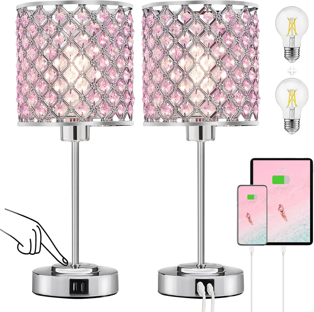 GyroVu Crystal Table Lamp, Bedside Crystal Lamp, Dimmable Touch Nightstand Lamp with USB-C+A Charging Ports Pink Night Lights Decorative…