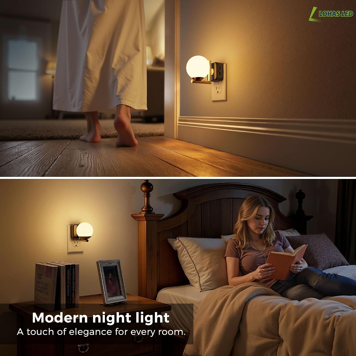 L LOHAS LED Night Lights Plug Into Wall 2 Pack, Dusk to Dawn Sensor, 3000K Nightlight, 0-100LM Adjustable Brightness, Plug in Night Light…