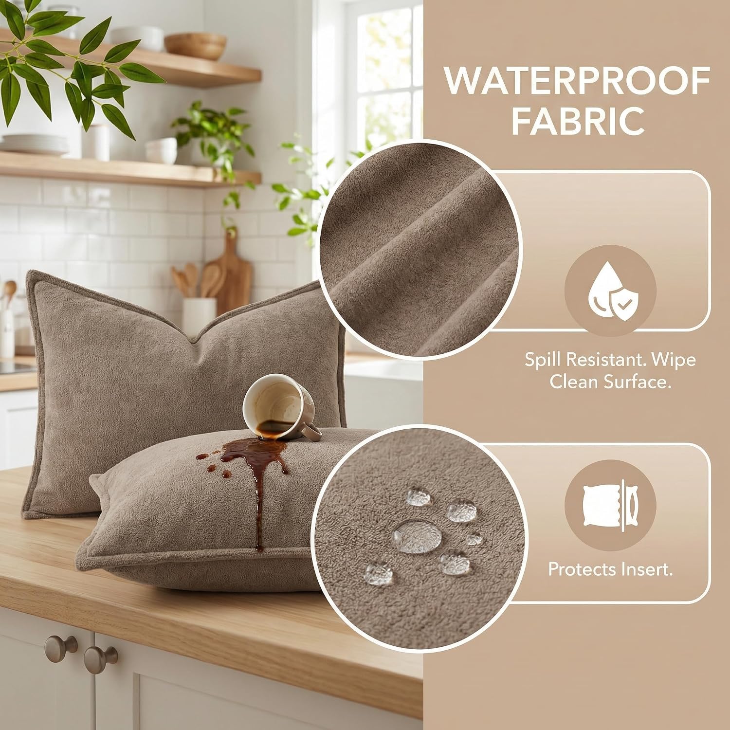 KevinTextile Kevin Textile Waterproof Decorative Pillow Covers Taupe 16x16 Inch Pack of 2 Soft Boucle Textured Throw Pillowcases Elegant Ac…
