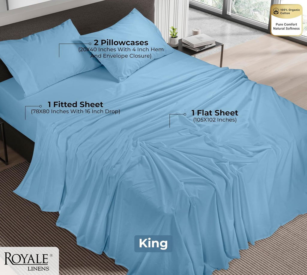 Royalelinens ROYALE LINENS 100% Organic Cotton King Sheet Set - Percale Weave - 4 Pieces Set - 1 Flat, 1 Deep Pocket Fitted Sheet and 2 Pil…