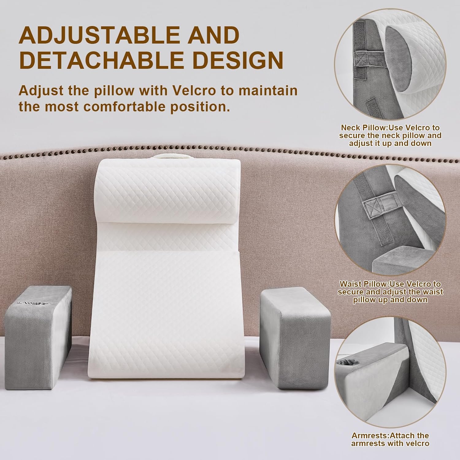 Yojoker 5pcs Reading Pillow for Adults Sitting in Bed – Back Pillow for Bed Sitting Up with Arms, Pockets & Cup Holder, Sit-Up Backrest Pil…