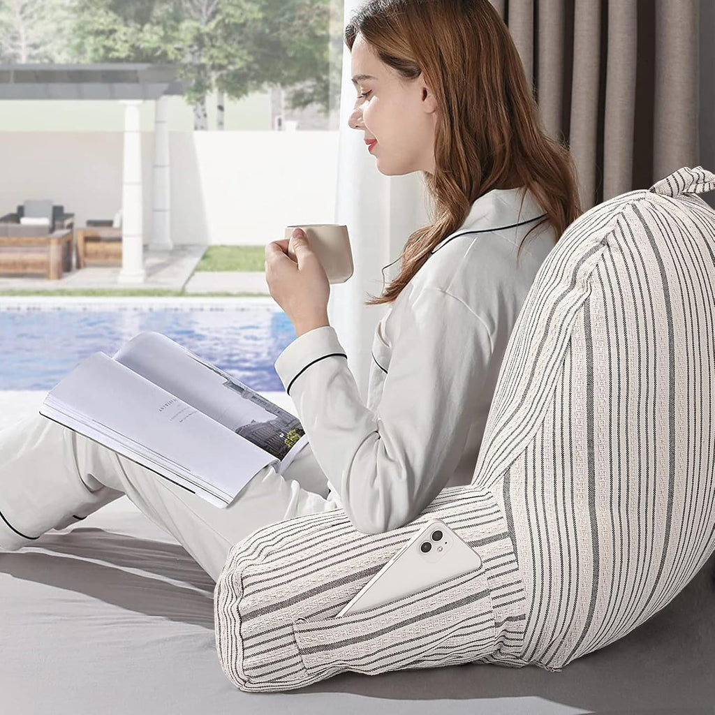 Aels Reading Pillow Replacement Cover (No Insert) with Arms and Pockets, 18" Beige with Gray Stripes Textured Backrest Pillow Cover Fits St…