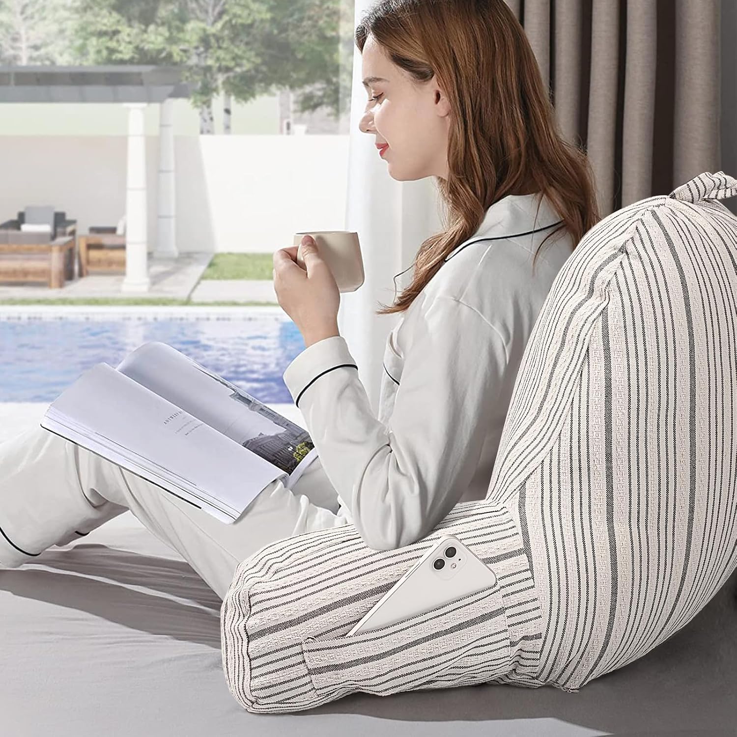 Aels Reading Pillow Replacement Cover (No Insert) with Arms and Pockets, 18" Beige with Gray Stripes Textured Backrest Pillow Cover Fits St…