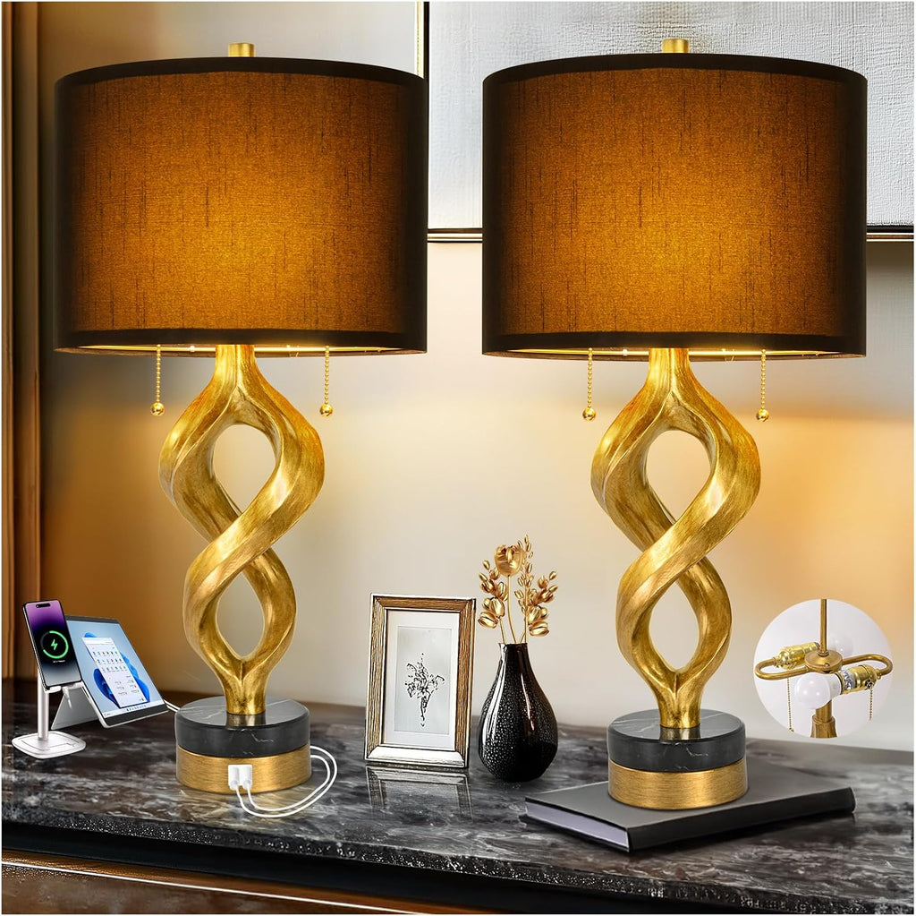 Sculptural Table Lamp Set of 2 for Bedroom, 26” Gold Leaf Farmhouse Bedside Lamps for Living Room, Pull Chains Switch Rustic Nightstand…