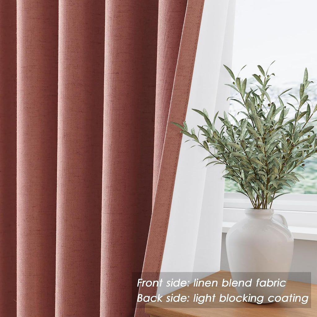 Nanspring Canyon Rose 100% Blackout Linen Curtains for Bedroom 90 Inches Long Back Tab Thermal Insulated Modern Boho Decor Black Out Girl C…