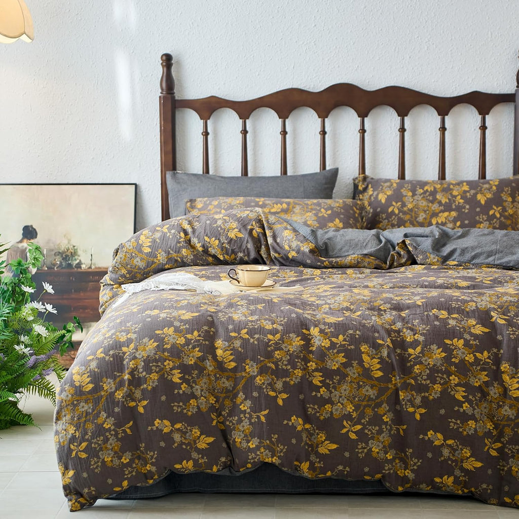 mixinni Vintage Floral Duvet Cover King Set - Gold Jacquard & Grey Reversible, 100% Yarn-Dyed Double-Layer Cotton, Breathable & Luxurious F…