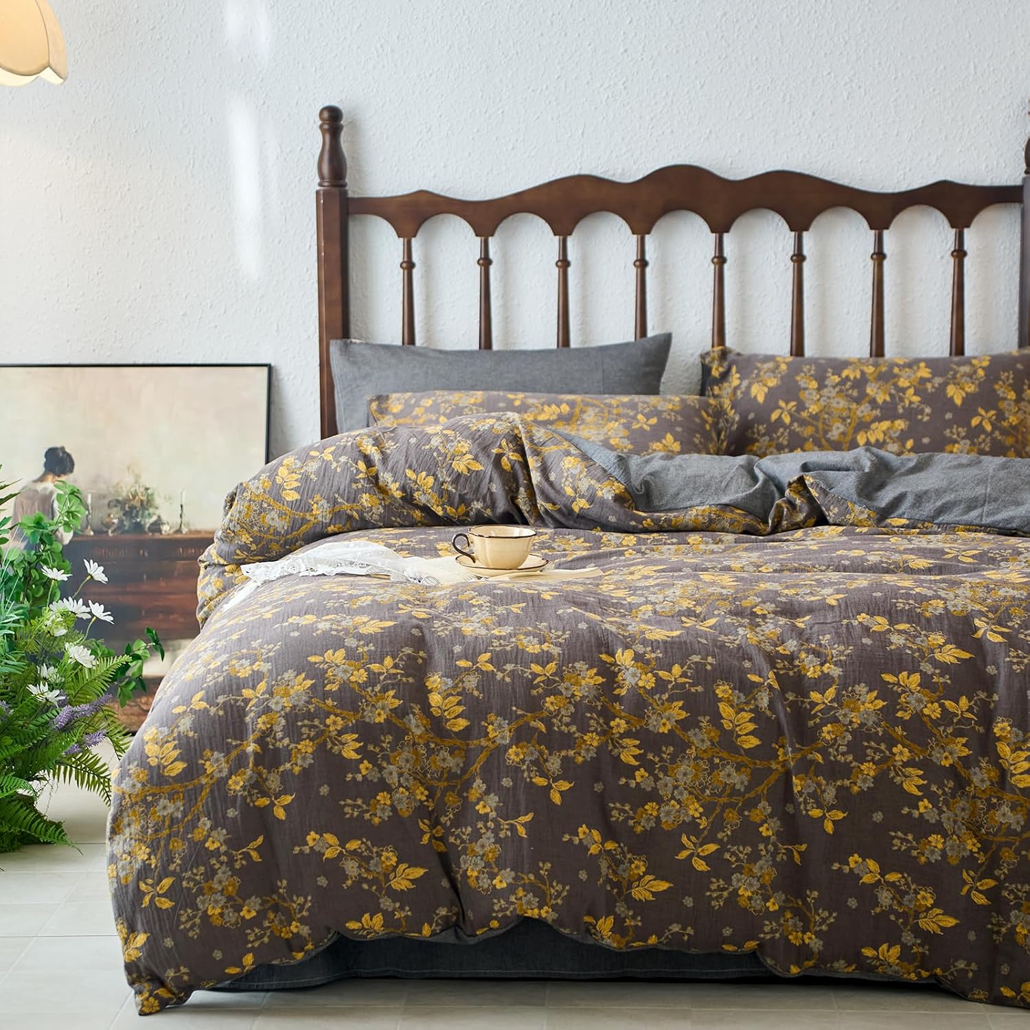 mixinni Vintage Floral Duvet Cover King Set - Gold Jacquard & Grey Reversible, 100% Yarn-Dyed Double-Layer Cotton, Breathable & Luxurious F…