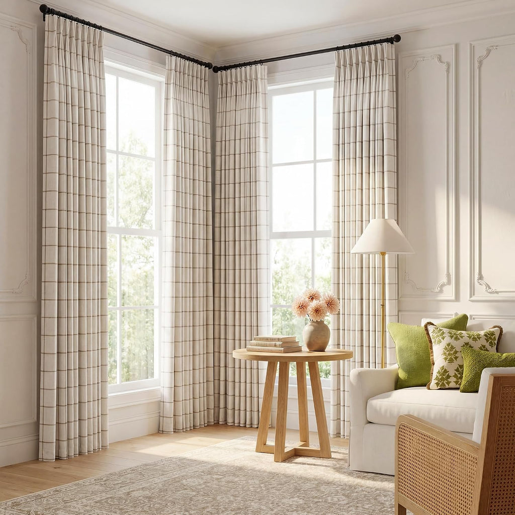 Threegirlshome THREE GIRLS Pinch Pleated Plaid Curtains Blackout Linen Gingham Brown Curtains for Living Room, Bedroom Checkered 102 Inches…