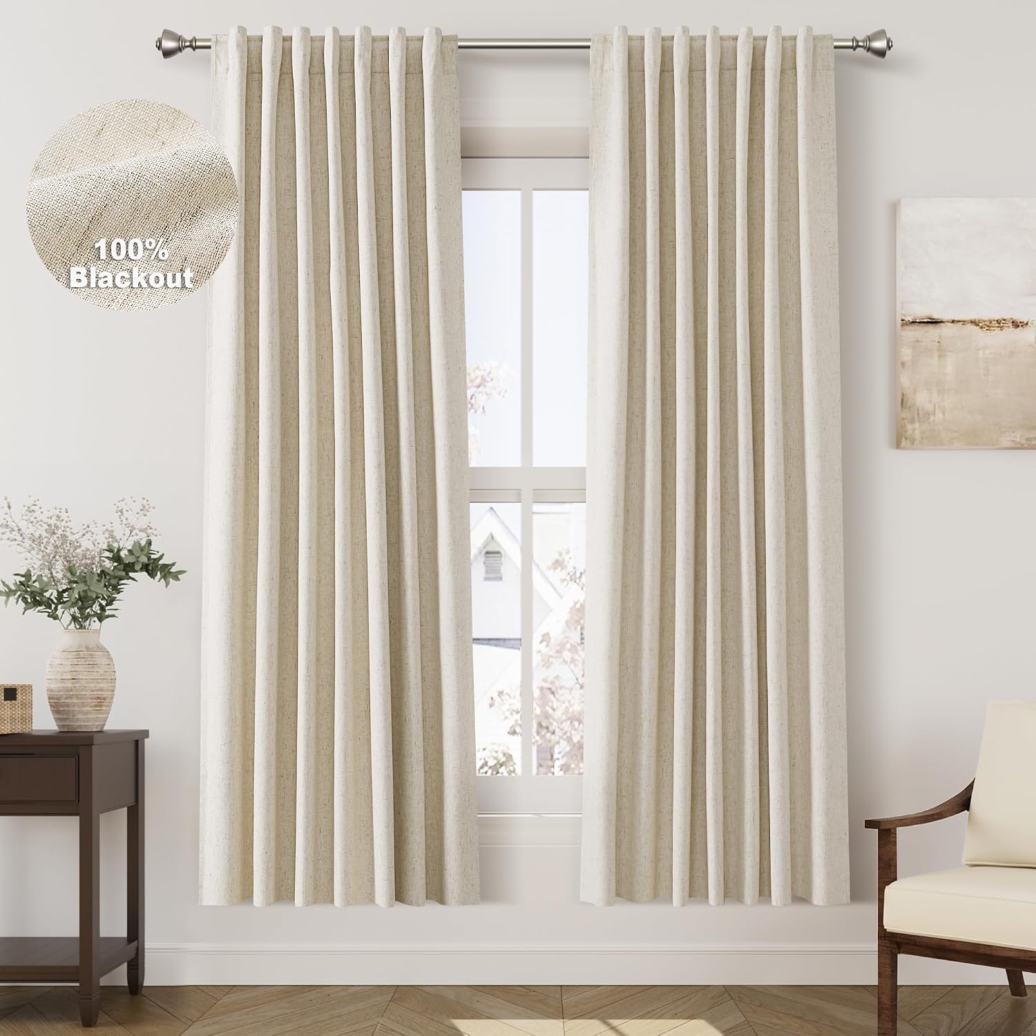 Nanspring Beige 100% Blackout Linen Curtains for Bedroom 72 Inches Long Back Tab Thermal Insulated Rustic Country Farmhouse Decor Black Out…