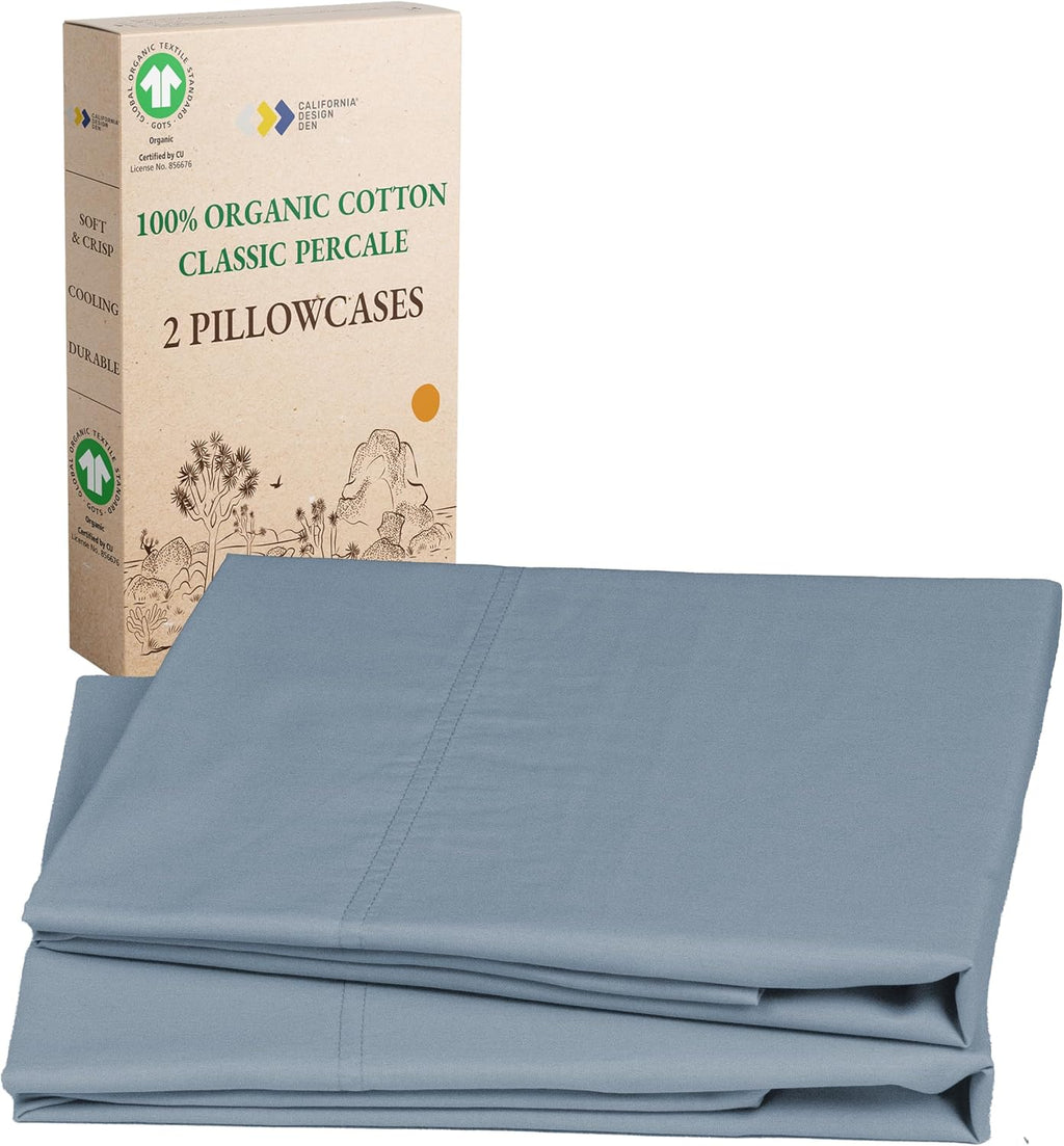 CaliforniaDesignDen California Design Den 100% Organic Cotton Standard/Queen Pillow Cases 2, Soft Percale Weave Cotton Pillowcases (Blue Hy…