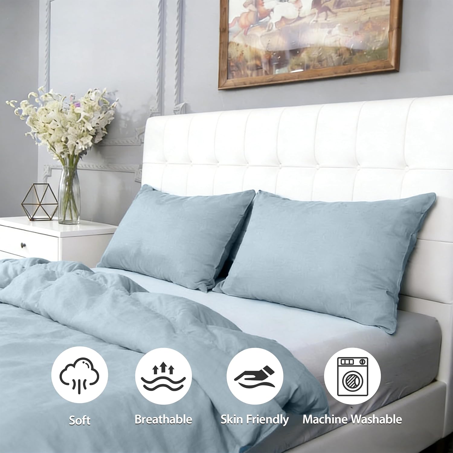 Simple&Opulence 100% Linen Pillowcases Basic Style Solid Color Set of 2, Queen Size Stone Washed Flax Pillow Cover Envelope Closure…