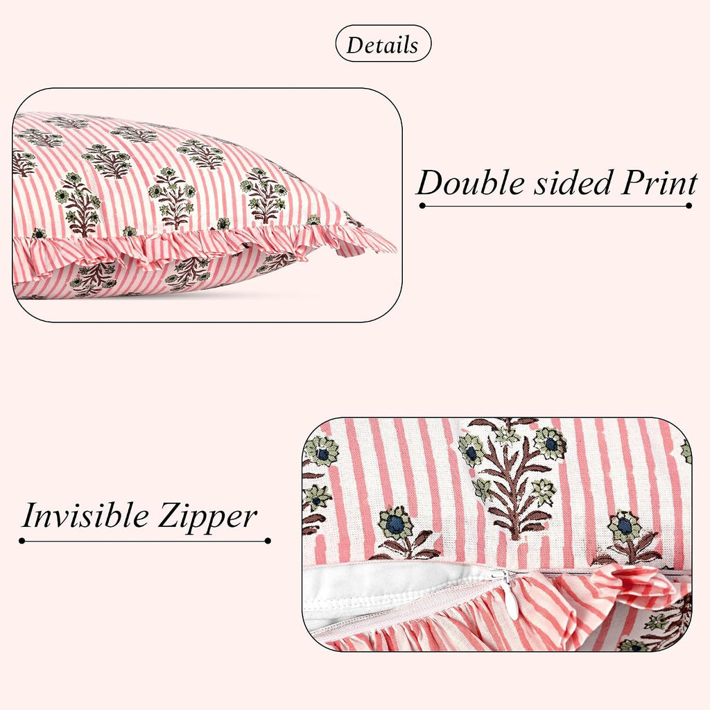 Ridhi Block Print Salmon Blossom 20"x12" Set 1-100% Cotton Ruffle Lumbar Sham Cover Boho Floral Pillowcase, Farmhouse Cottagecore…