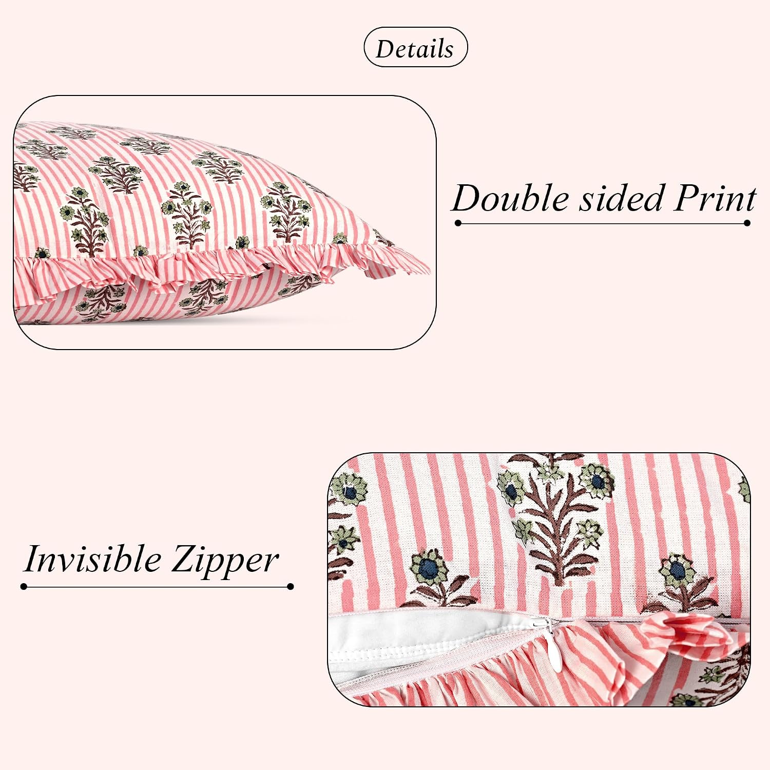 Ridhi Block Print Salmon Blossom 20"x12" Set 1-100% Cotton Ruffle Lumbar Sham Cover Boho Floral Pillowcase, Farmhouse Cottagecore…