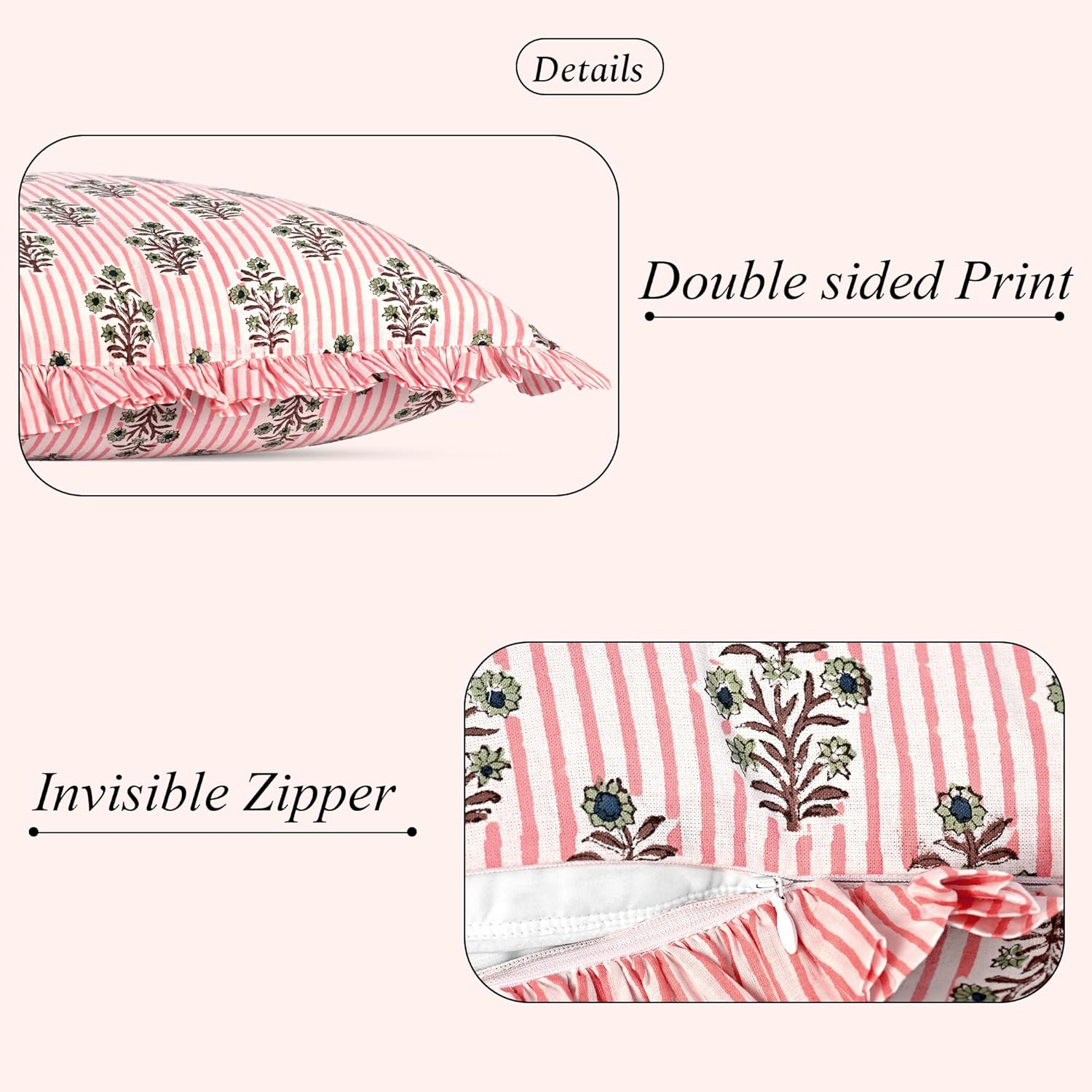 Ridhi Block Print Salmon Blossom 36"x14" Set 1-100% Cotton Ruffle Lumbar Sham Cover Boho Floral Pillowcase, Farmhouse Cottagecore…