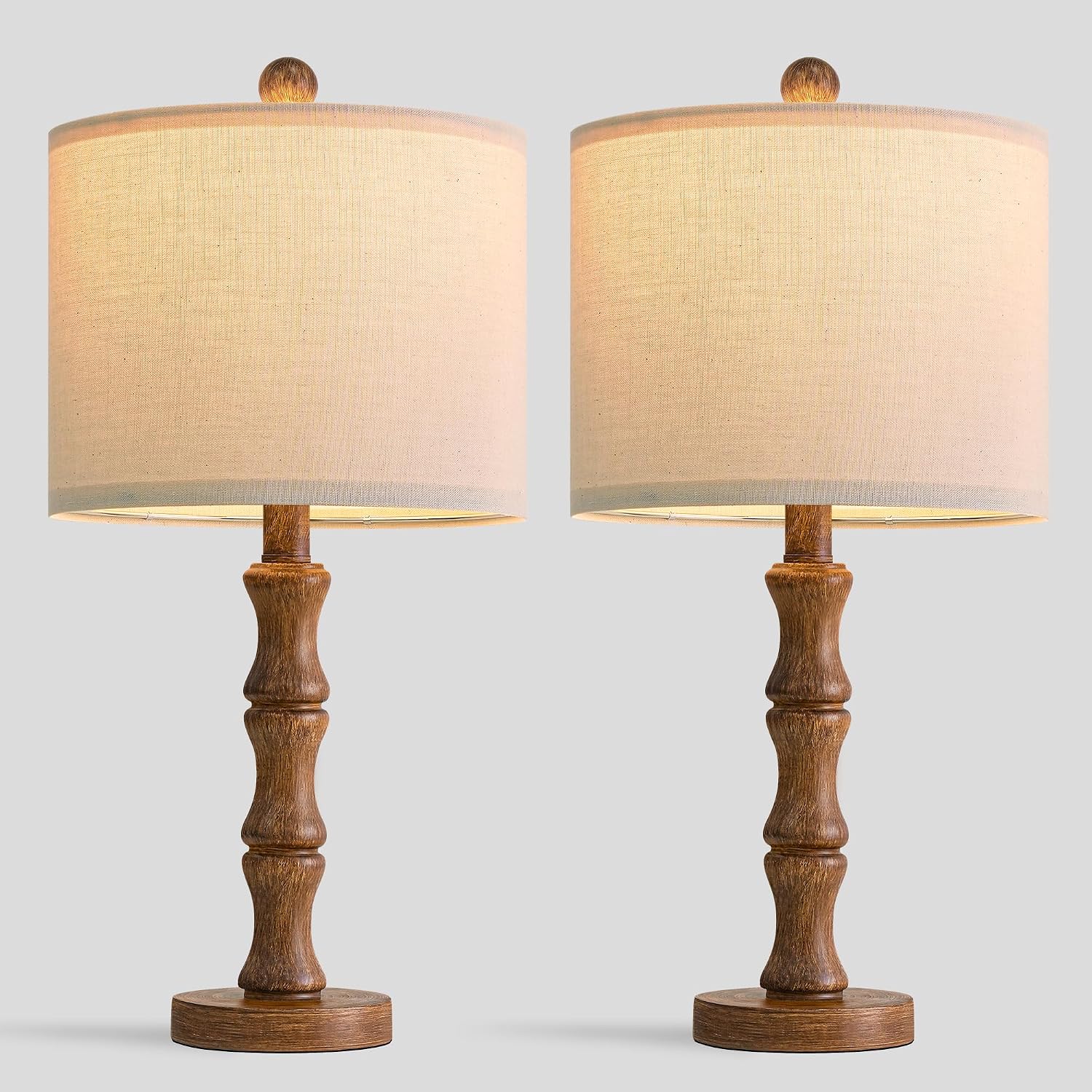 BOBOMOMO 20.5" Rustic Table Lamps Set of 2, Farmhouse Nightstand Lamp with Wood Grain Resin Base & Linen Shade, Small Bedside Lamp for…
