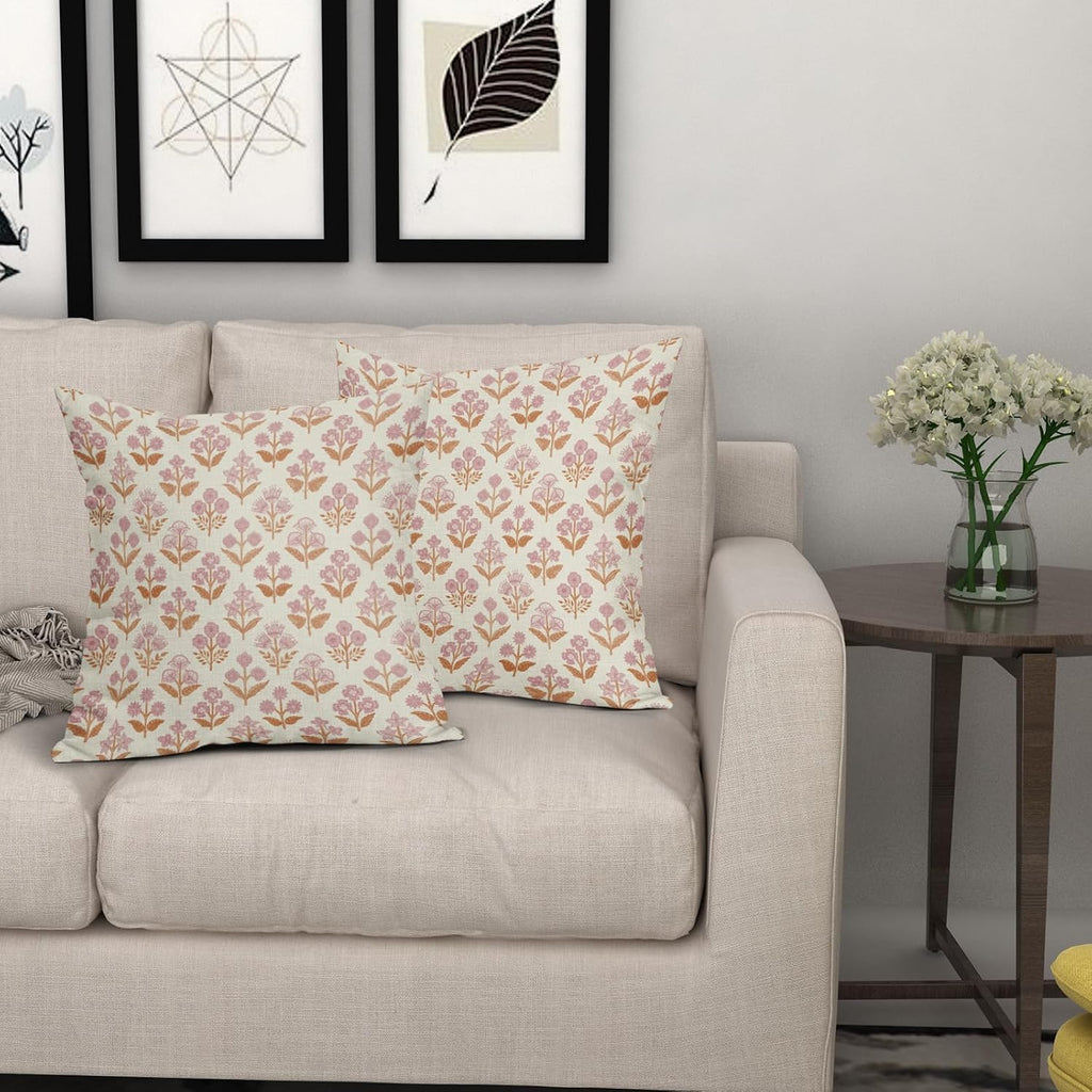 Orange Pink Floral Block Print Pillow Covers 16x16 Inch Set of 2, Vintage Flower Pattern Decorative Throw Pillowcases Outdoor Farmhouse…
