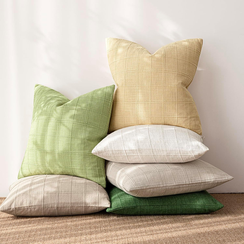 Foindtower Set of 2 Decorative Linen Check Throw Pillow Covers Neutral Farmhouse Vintage Cushion Covers Modern Boho Accent Home Decor for…