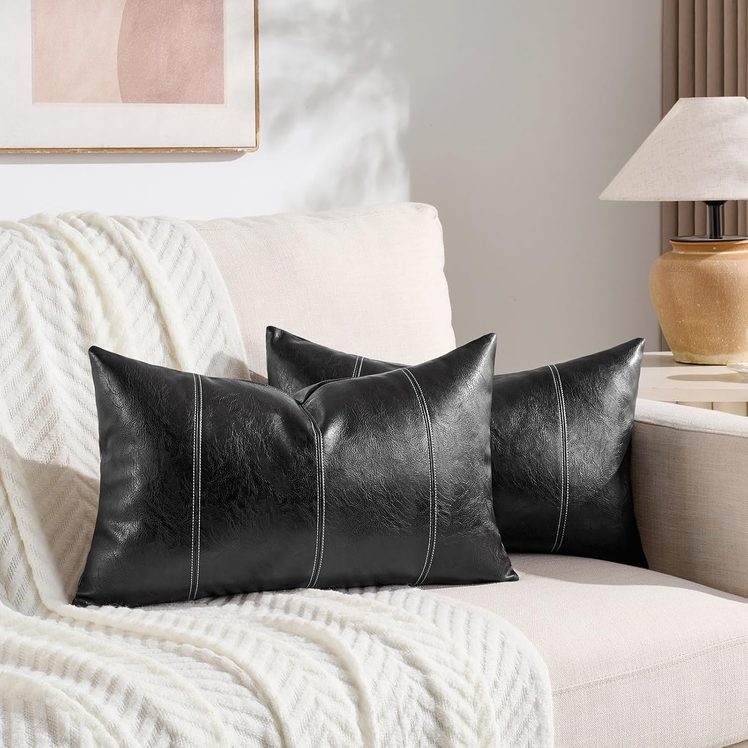 Fancy Homi Black Long Lumbar Faux Leather Decorative Throw Pillow Covers 12x24 Inch for Living Room Couch Bed Sofa, Boho Farmhouse Home…