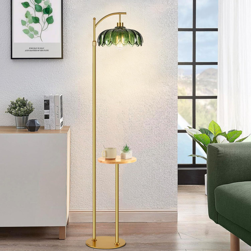 QIYIZM Glass Floor Lamp with Table and Shelves for Living Room Bedroom, Gold Standing Lamp with Remote Dimmable, Boho Brass Tall Lamp…