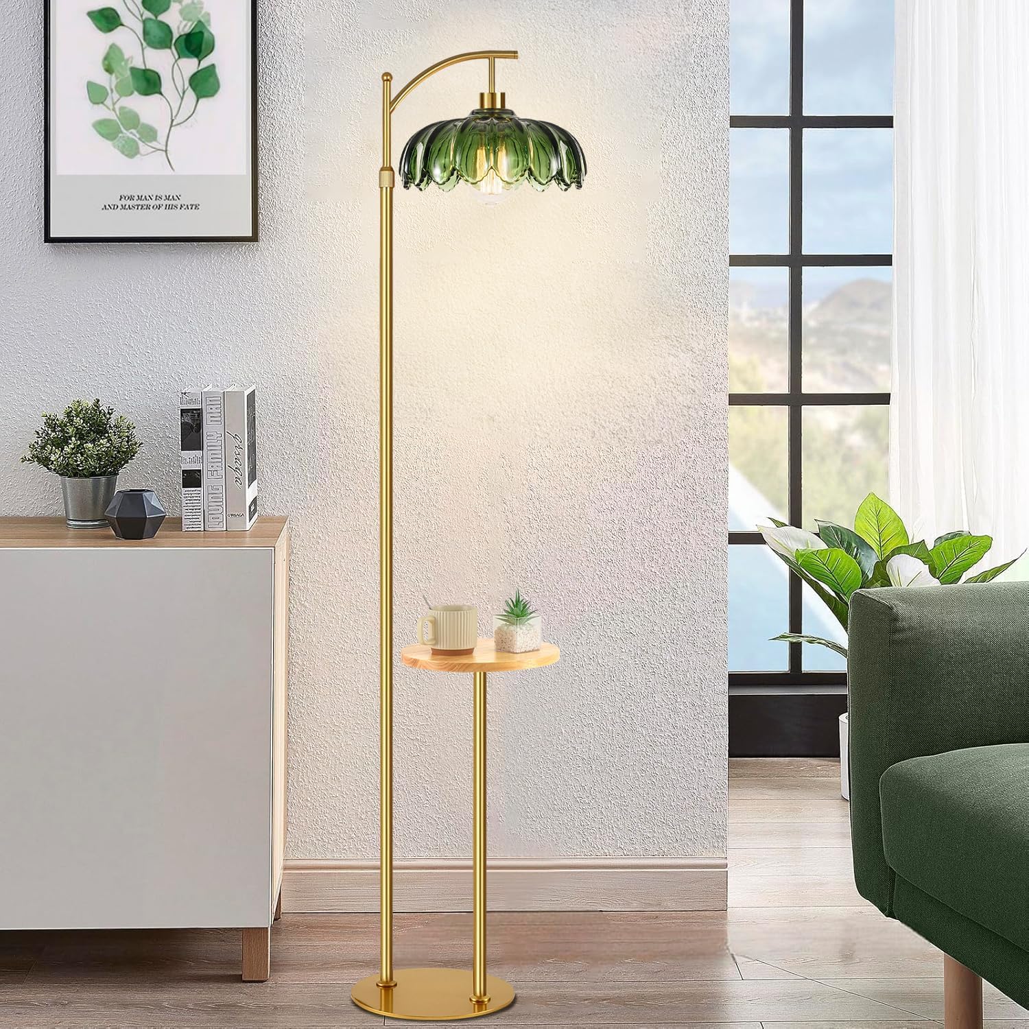 QIYIZM Glass Floor Lamp with Table and Shelves for Living Room Bedroom, Gold Standing Lamp with Remote Dimmable, Boho Brass Tall Lamp…