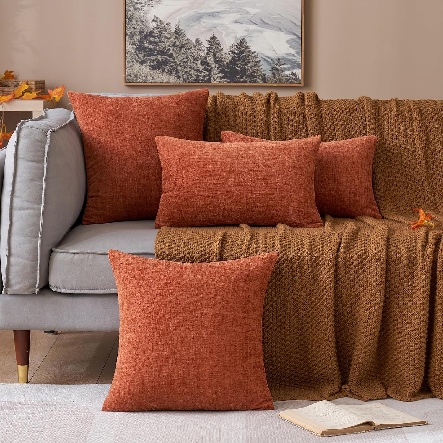 Miulee Pack of 4 Couch Throw Pillow Covers 18x18 Inch Soft Burnt Orange Chenille Pillow Covers for Sofa Living Room Solid Dyed Pillow Cases…