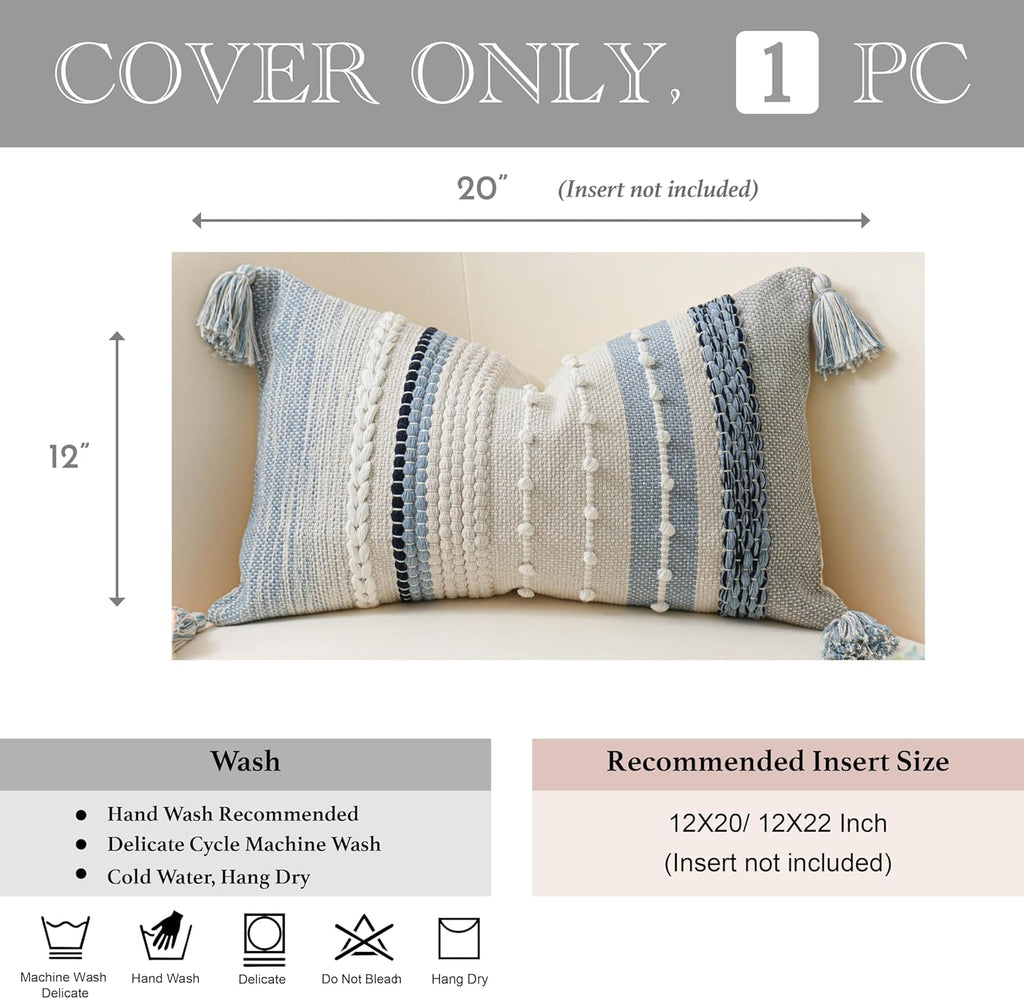 BlissBlush Decorative Lumbar Throw Pillow Cover 12x20 Coastal Blue Accent Cushion for Couch Sofa Farmhouse Pillowcase for Bedroom Living…