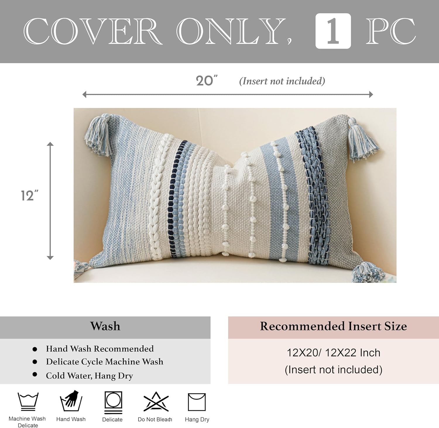 BlissBlush Decorative Lumbar Throw Pillow Cover 12x20 Coastal Blue Accent Cushion for Couch Sofa Farmhouse Pillowcase for Bedroom Living…