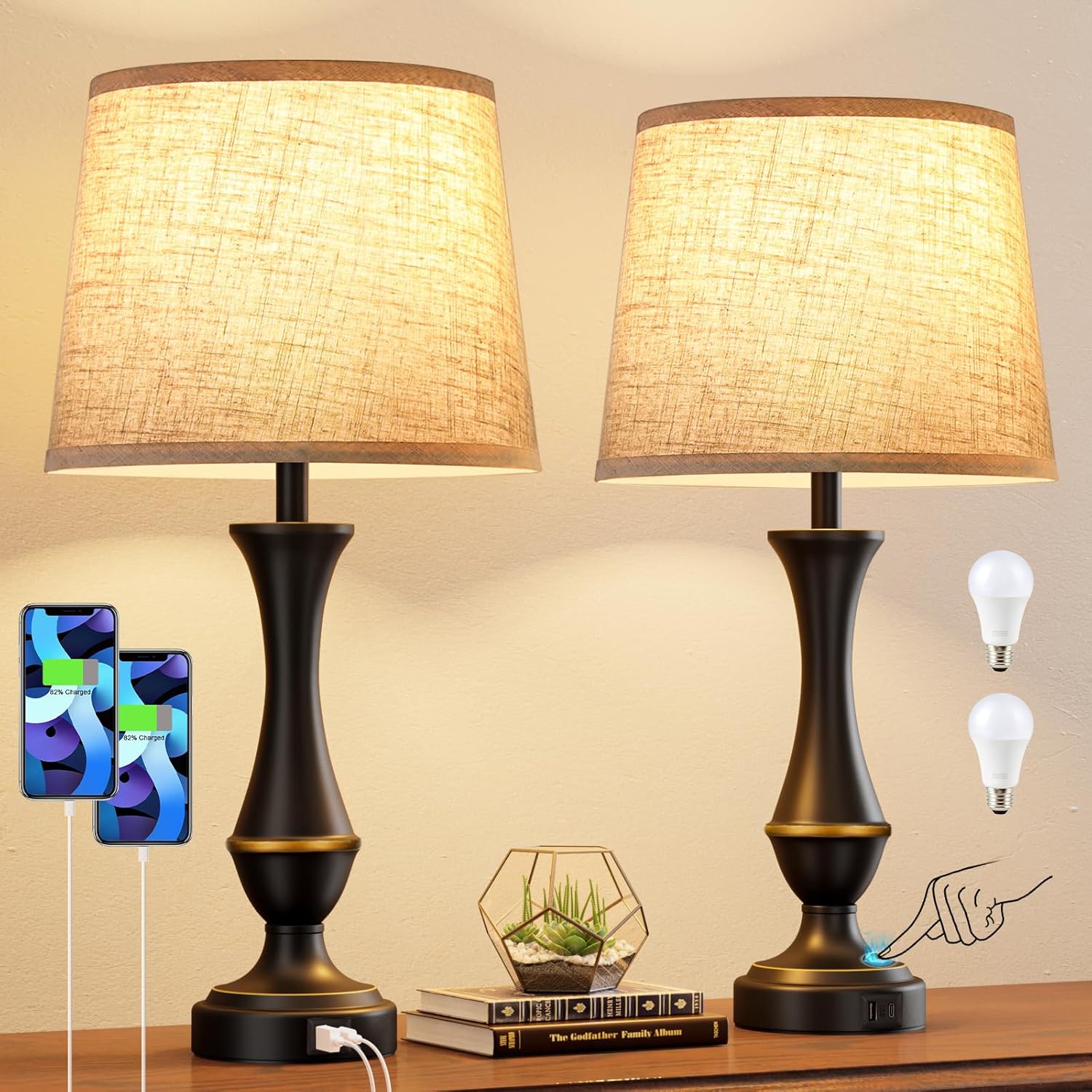 Seealle Upgraded Touch Lamps for Night Stands Set of 2 - Bedside Lamps with USB C+A, 3 Way Dimmable for Bedroom Living Room End Tables…