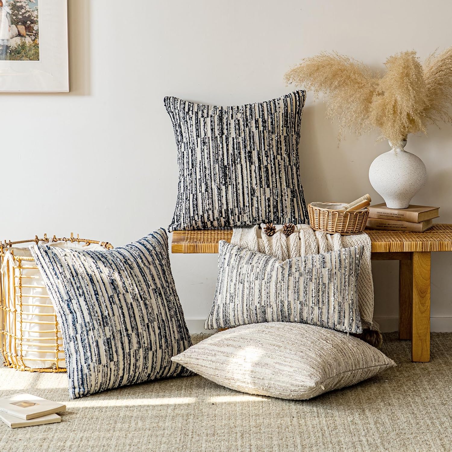 amoment a moment Boho Throw Pillow Covers Set of 2, Striped Decorative Rustic Farmhouse Pillow Cases, Aesthetic Modern Home Decor Couch Cushi…