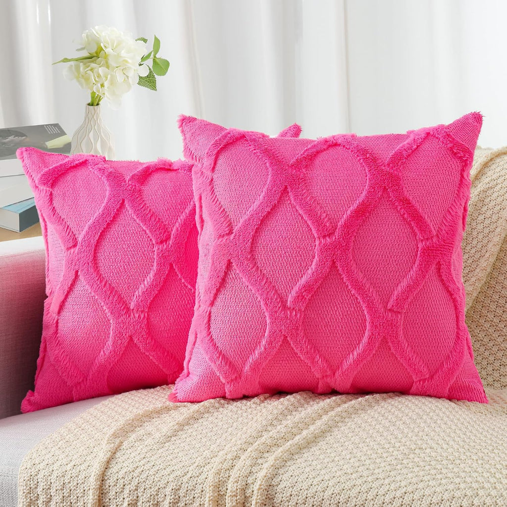 decorUhome Summer Throw Pillow Covers 16x16 Inch Set of 2, Soft Plush Faux Fur Wool Hot Pink Accent Couch Pillow Covers for Modern Farmhous…
