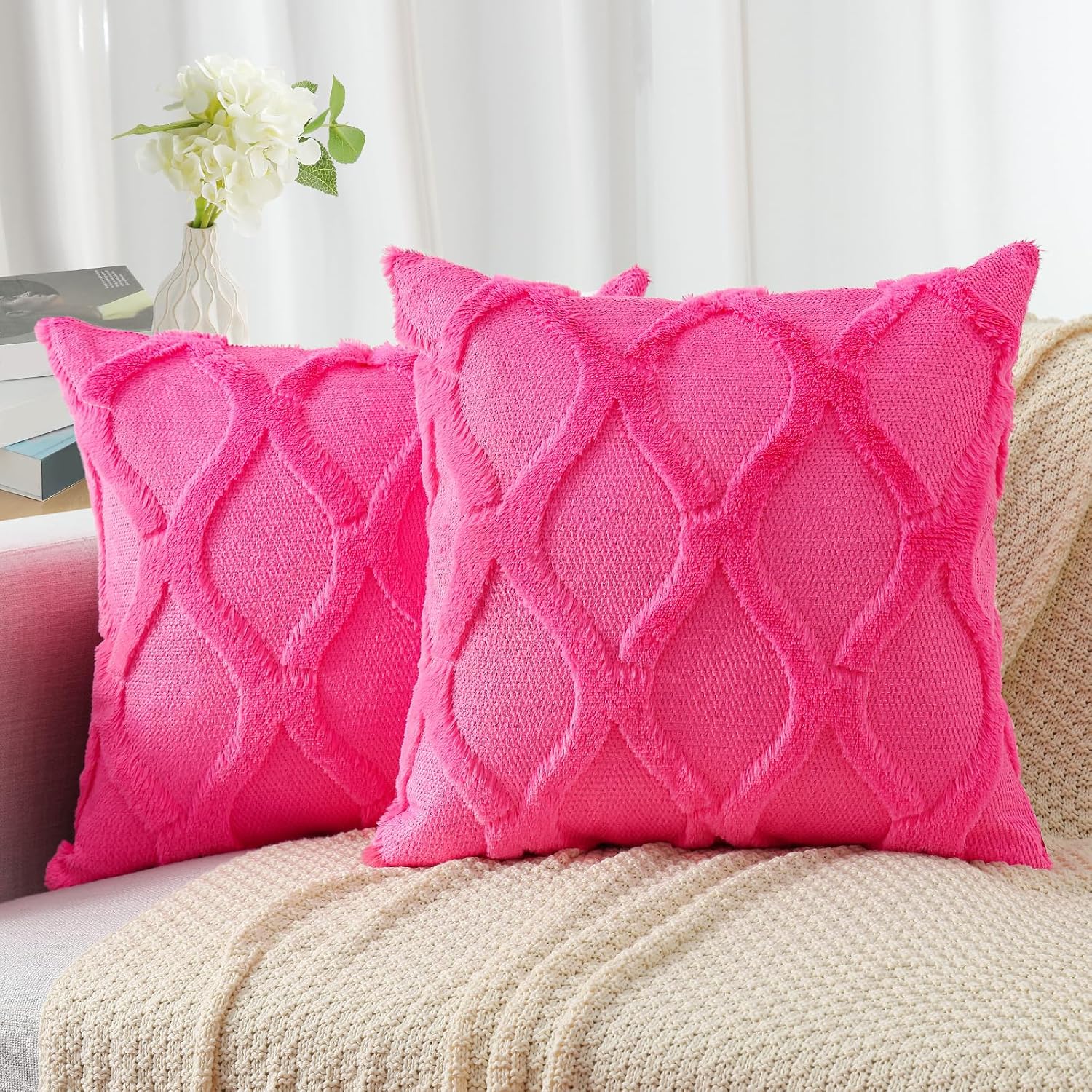 decorUhome Summer Throw Pillow Covers 16x16 Inch Set of 2, Soft Plush Faux Fur Wool Hot Pink Accent Couch Pillow Covers for Modern Farmhous…