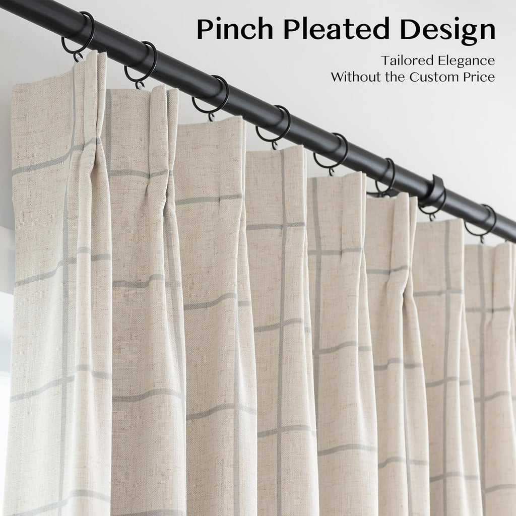 Threegirlshome THREE GIRLS Pinch Pleated Plaid Curtains Blackout Linen Gingham Grey Curtains for Living Room, Bedroom Checkered 102 Inches L…