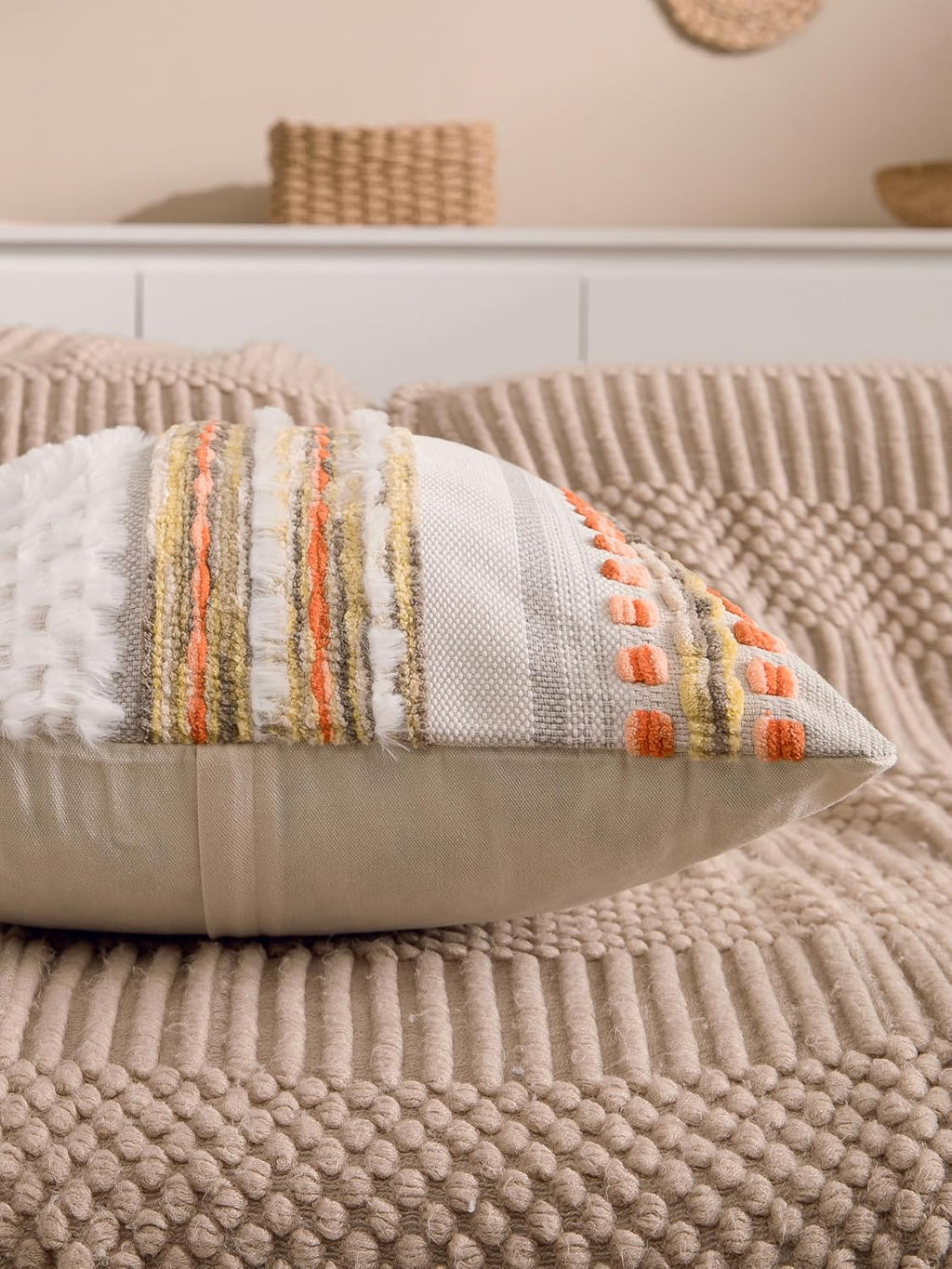 Fall Boho Chenille Tufted Throw Pillow Covers 18x18 Inch Set of 2 Farmhouse Striped Couch Decorative Pillow Covers Accent Neutral…