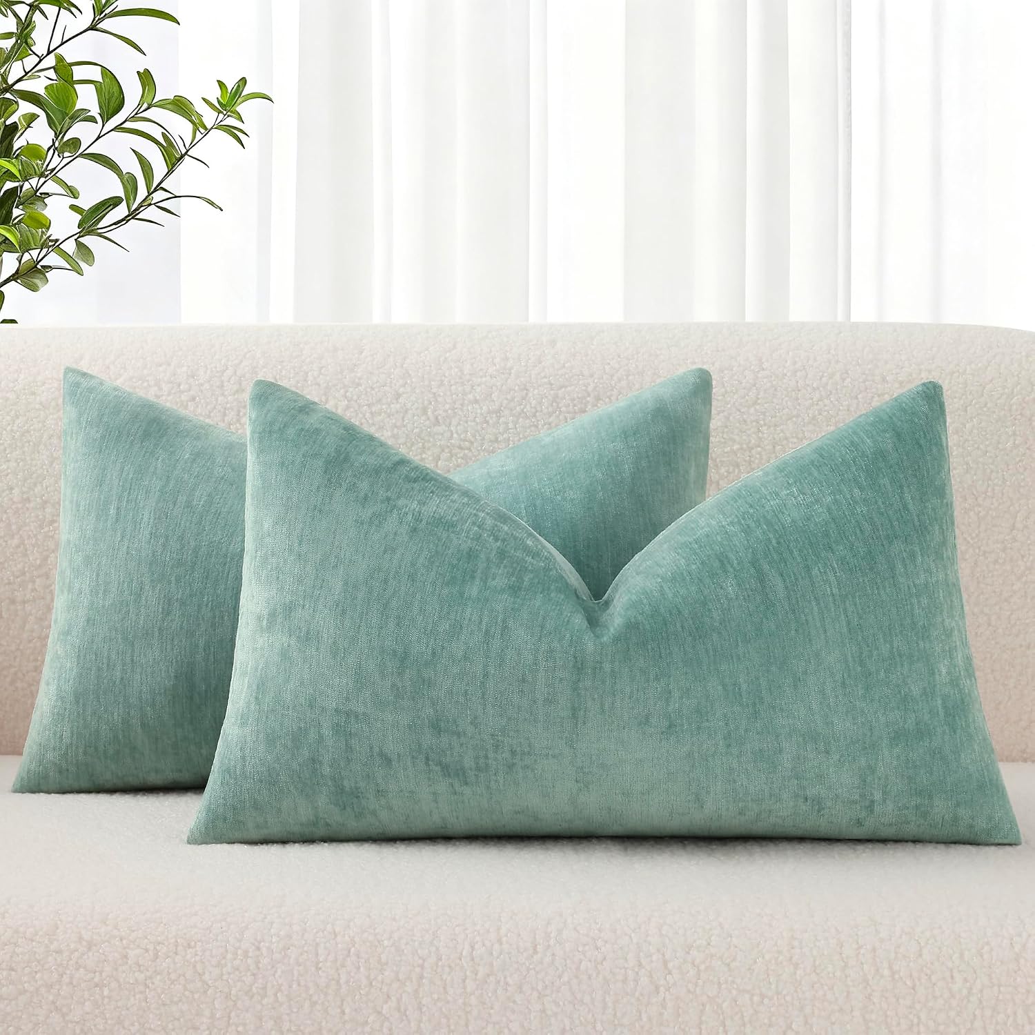 decorUhome Chenille Aqua Haze Throw Pillow Covers 12x20 Inch Set of 2, Decorative Soft Couch Pillow Covers Solid Dyed Accent Farmhouse Neut…