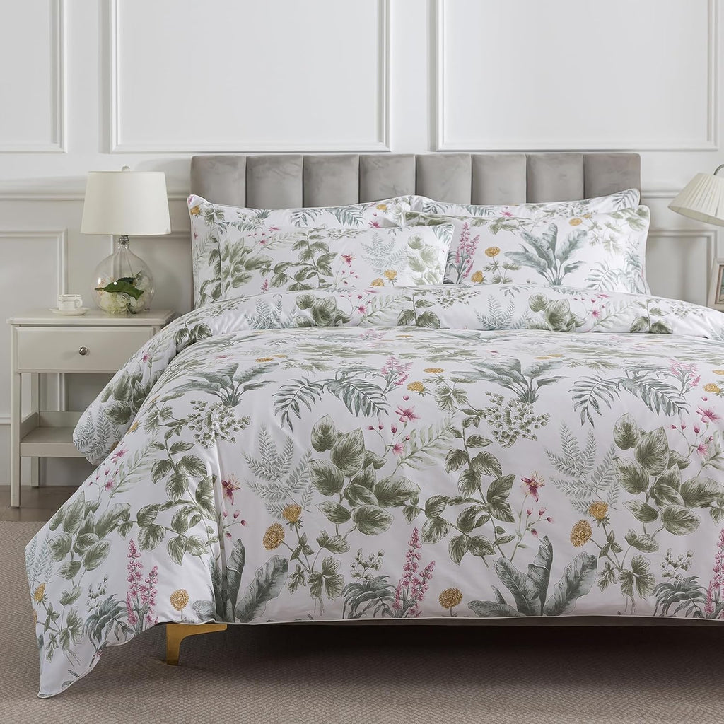 Puralens Tropical Pink Floral Percale Duvet Cover, Queen Green Palm Leaf Reversible Zipper Duvet Cover Set with Ties, Yellow Daisy 100% Cot…