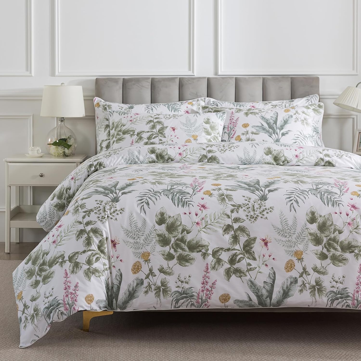 Puralens Tropical Pink Floral Percale Duvet Cover, Queen Green Palm Leaf Reversible Zipper Duvet Cover Set with Ties, Yellow Daisy 100% Cot…