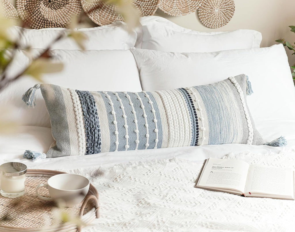 BlissBlush Coastal Blue Decorative Lumbar Pillow Cover 14x36 Boho Long Body Pillow for Bed Farmhouse Lumbar Throw Pillow for Couch Modern…
