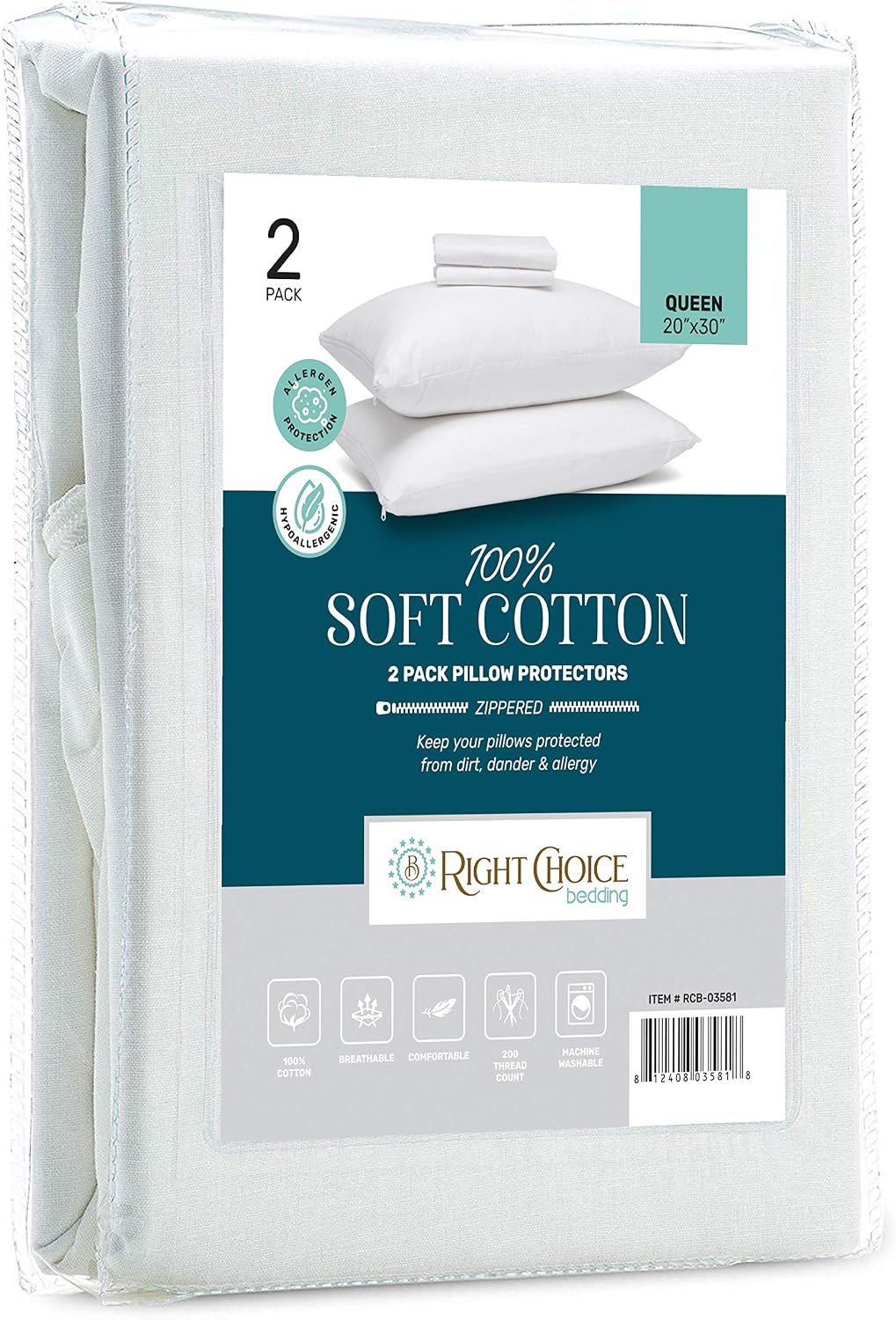 Right Choice Bedding Cotton Pillow Protectors with Zipper - Zip Up Pillowcase Queen Size 20x30 (Set of 2) Cotton White