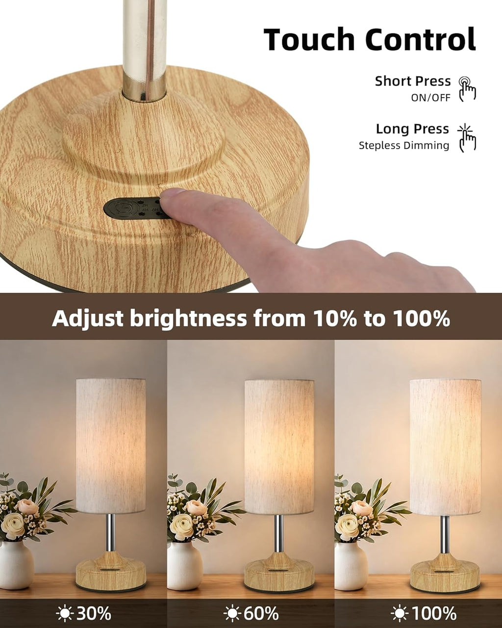 EZVALO Cordless Table Lamp, Ambient Light, Wood-Grain Finish, Dimmable, Touch, Timer, 2700K, Decor, Portable, Wireless, Rechargeable…