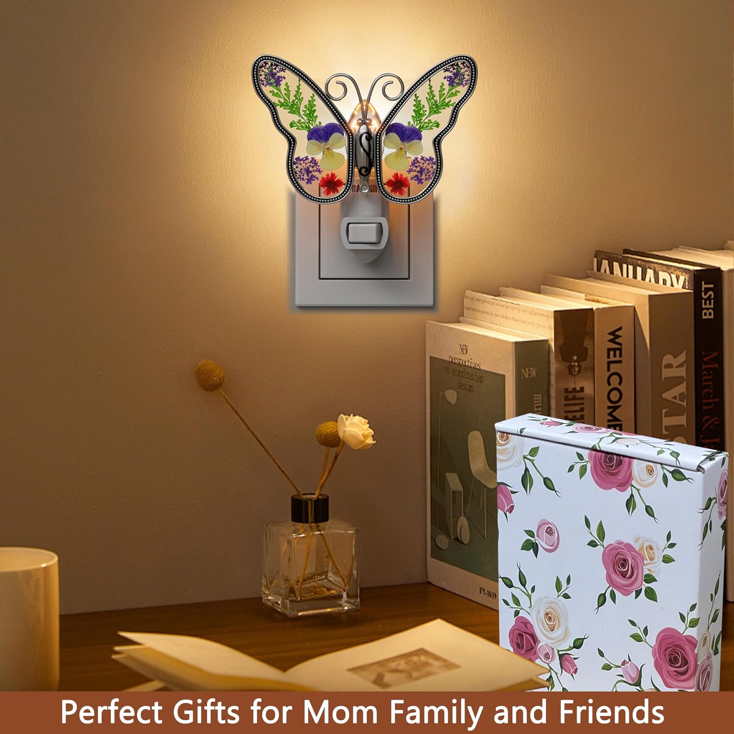 KY&BOSAM Butterfly Night Lights Plug into Wall 1-Pack 7W Plug in Night Light Dusk to Dawn 3000K Warm White Bright Real Flower+Metal…