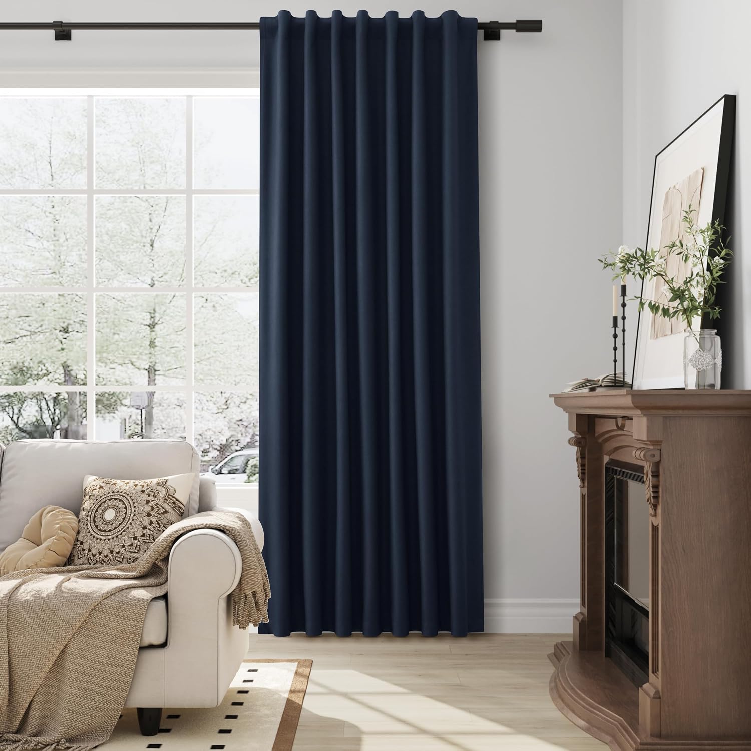 Guken Navy Blue 100% Blackout Linen Curtains for Living Room 84 Inches Long 2 Panel Sets Elegant Textured Back Tab Hook Belt Room Darkening…