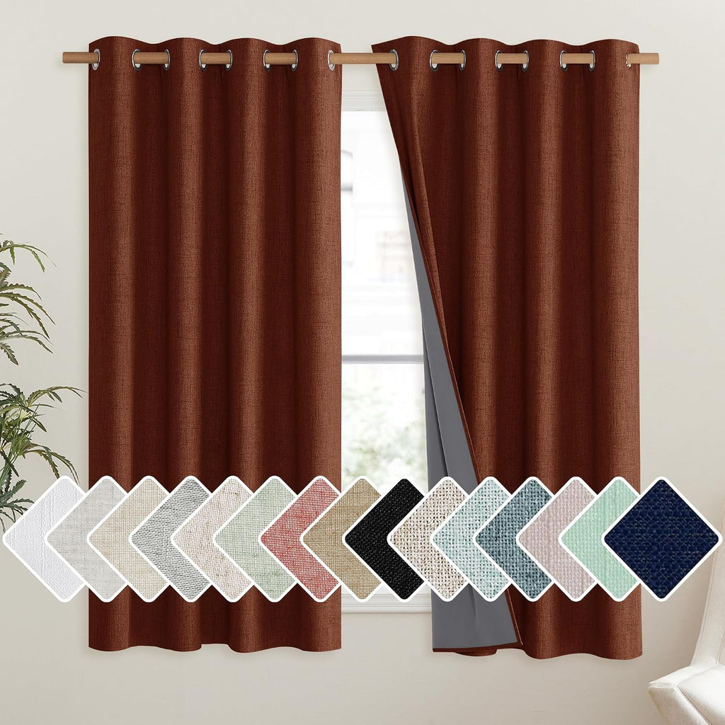 NICETOWN 100% Absolutely Blackout Linen Curtains with Thermal Insulated Liner, 52" Wide, 2 Panels, 63" Long Drapes, Grommet Retro Burnt…