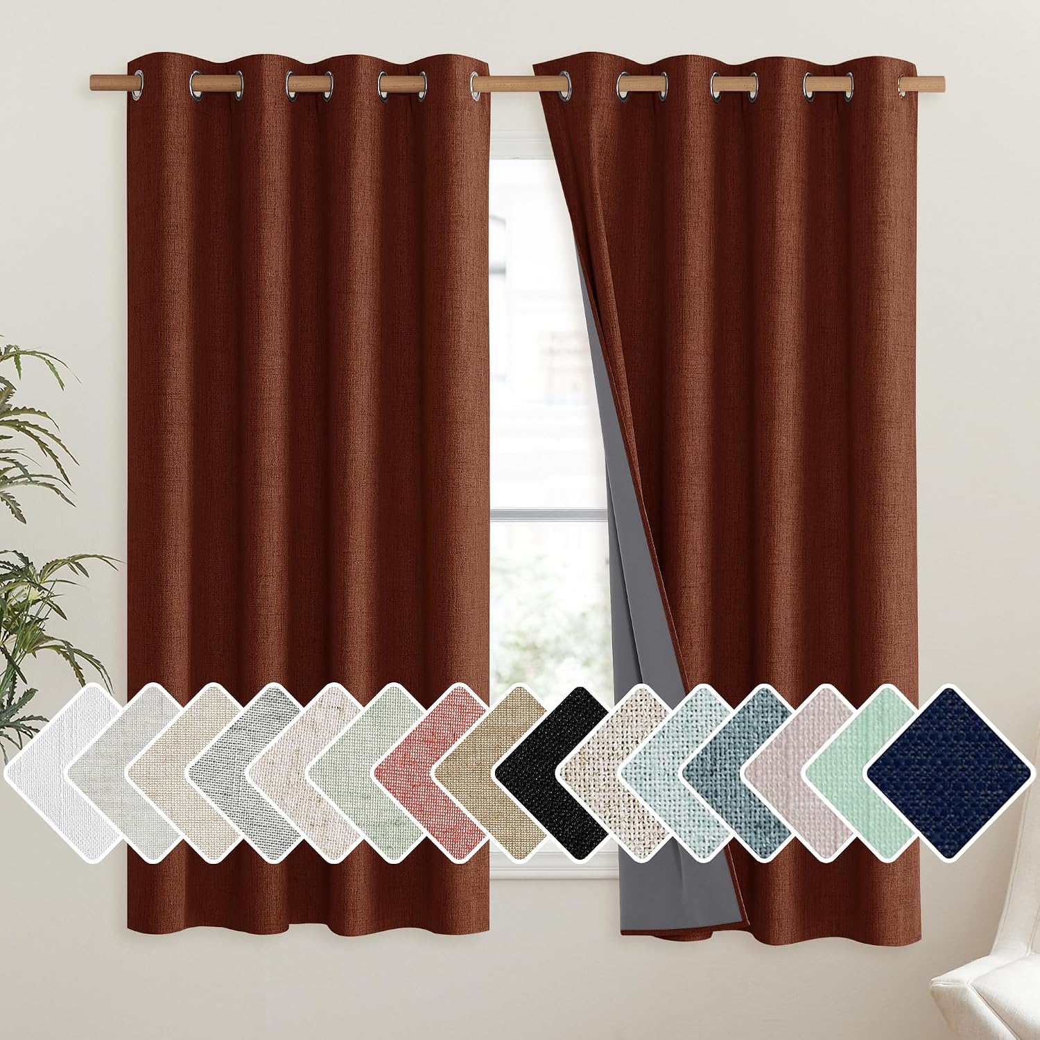 NICETOWN 100% Absolutely Blackout Linen Curtains with Thermal Insulated Liner, 52" Wide, 2 Panels, 63" Long Drapes, Grommet Retro Burnt…